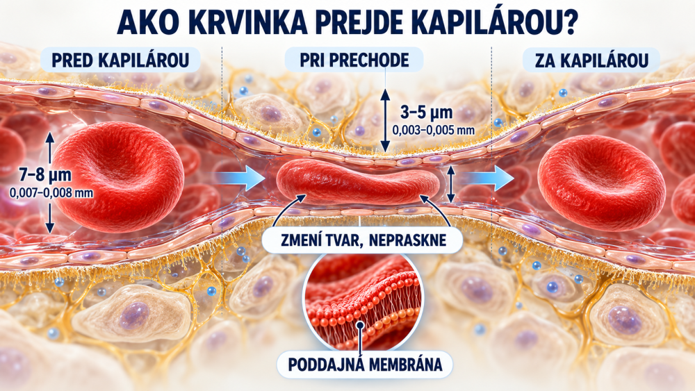 Schéma průchodu červené krvinky kapilárou