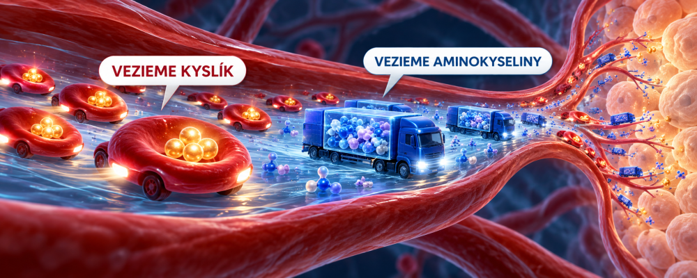 Ilustrační vozidla v cévě: červené krvinky s kyslíkem a aminokyseliny v krevní plazmě.