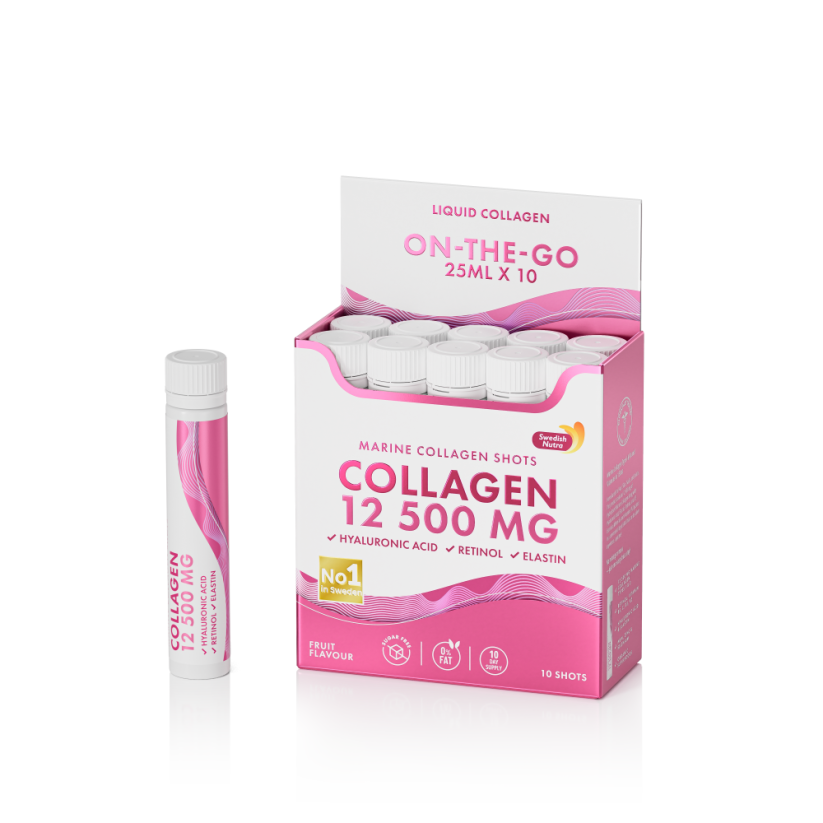 Collagen 12 500 MG On-the-Go – Tekutý morský kolagén s kyselinou hyalurónovou, retinolom a vitamínmi 10ks shoty
