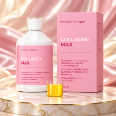 Swedish Collagen MAX 500 ml dobozzal és mérőpohárral márványtalapzaton