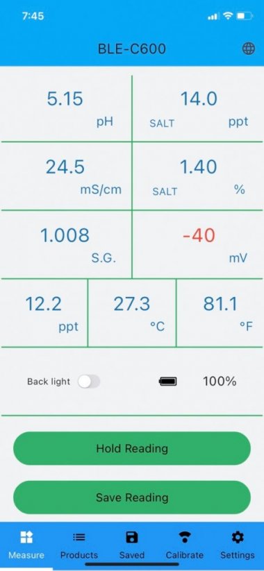 Kingray ph / ORP / teplota měřící přístroj Profi propojený s mobilem