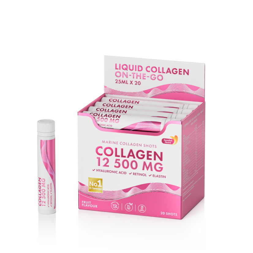 Swedish Collagen 12,500 mg On-the-Go – Liquid Marine Collagen with Hyaluronic Acid, Retinol & Vitamins (20 Ready-to-Drink Shots)