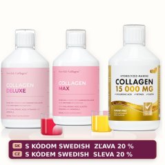Swedish Collagen Trio DELUXE, MAX a GOLD, tři lahve po 500 ml; sleva 20 % s kódem SWEDISH ve slovenštině a češtině