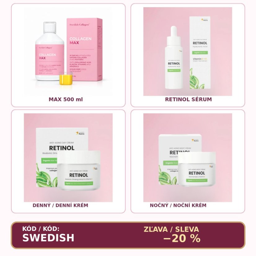 Swedish Collagen Beauty Set 2: tekutý kolagen MAX 500 ml, bílé retinolové sérum, denní krém a noční krém Swedish Nutra po 50 ml. Čtvercová produktová fotografie se slevou 20 % a kódem SWEDISH. Swedish Collagen Beauty Set 2: tekutý kolagen MAX 500 ml, bílé retinolové sérum, denní krém a noční krém Swedish Nutra po 50 ml. Čtvercová produktová fotografie se slevou 20 % a kódem SWEDISH.