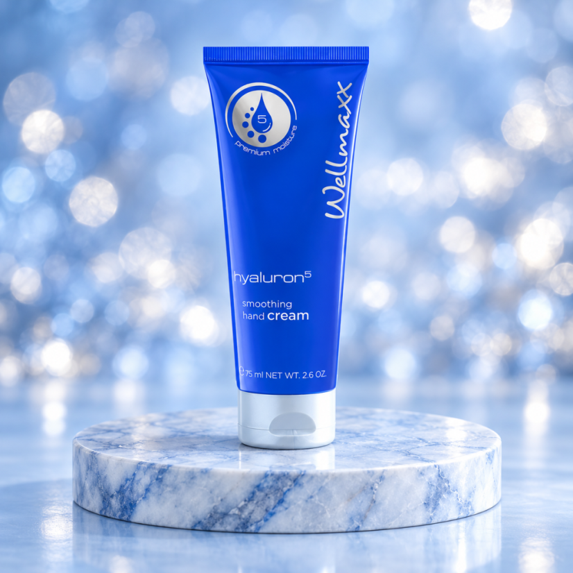 Krém na ruce Wellmaxx hyaluron⁵ 75 ml na kulaté modré mramorové desce