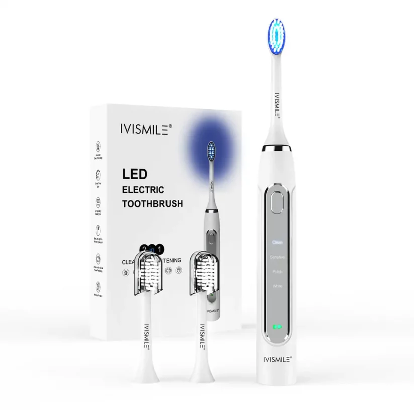 IVIsmile Elektrická sonická zubná kefka s modrým LED svetlom na čistenie, bielenie a dezinfekciu - Farba: Biela