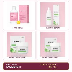 Swedish Collagen Beauty Set 2: tekutý kolagen MAX 500 ml, bílé retinolové sérum, denní krém a noční krém Swedish Nutra po 50 ml. Čtvercová produktová fotografie se slevou 20 % a kódem SWEDISH.