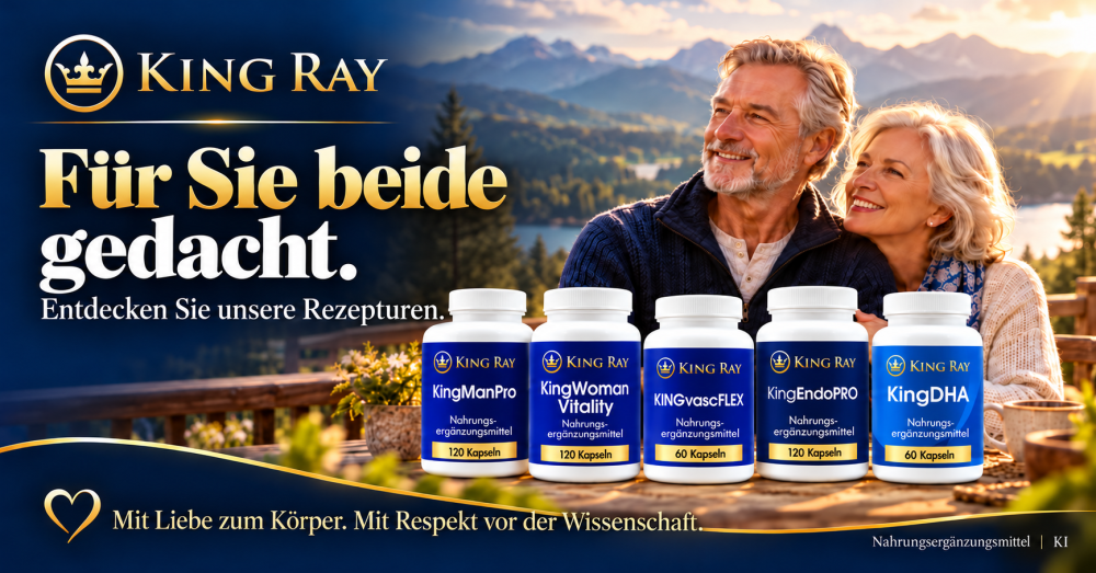 Nahrungsergänzungsmittel der Blauen Serie von KINGRAY: KingManPro, KingWoman Vitality, KINGvascFLEX, KingEndoPRO und KingDHA.