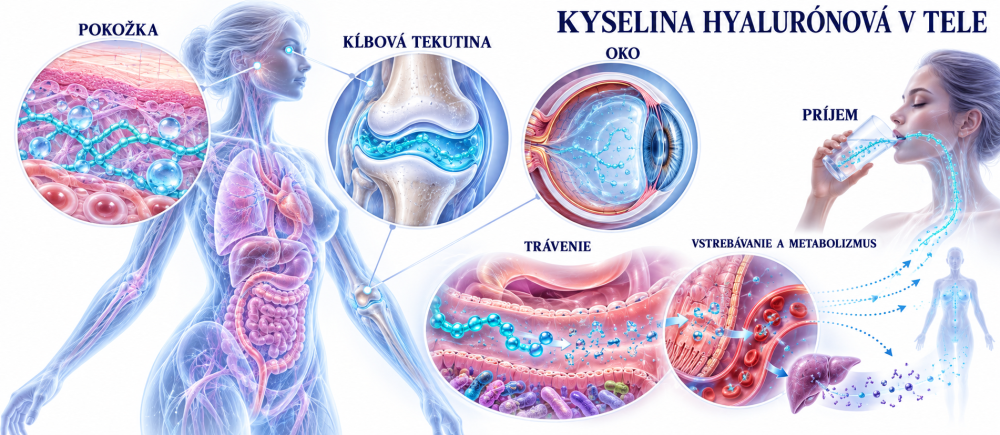 Kyselina hyaluronová v pokožce, kloubní tekutině a oku; samostatně znázorněná cesta po užití ústy.
