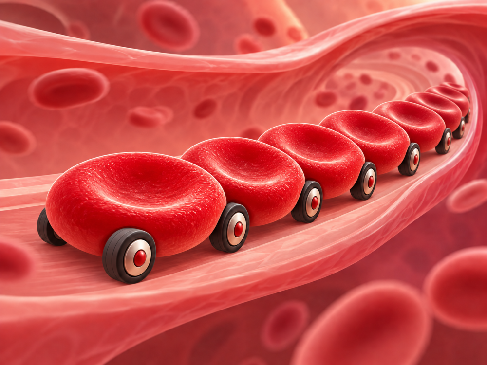 Blood cells compared to cars lined up behind one another