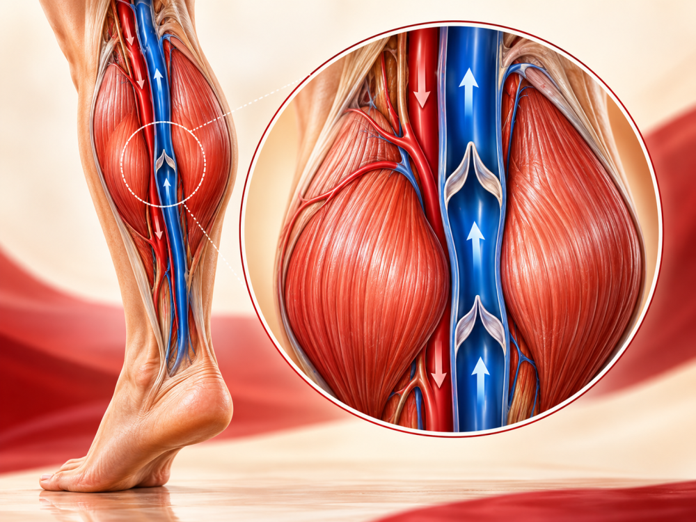 Illustration der Wadenmuskeln, einer Arterie, einer Vene und der Venenklappen